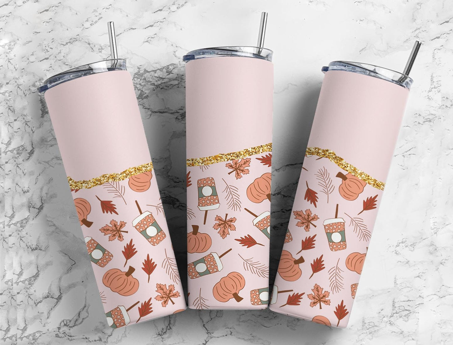 Pumpkin Spice Fall 20oz Sublimation Tumbler Designs, Smiley Face Aesthetic Floral 9.2 x 8.3” Straight Skinny Tumbler Wrap PNG 20