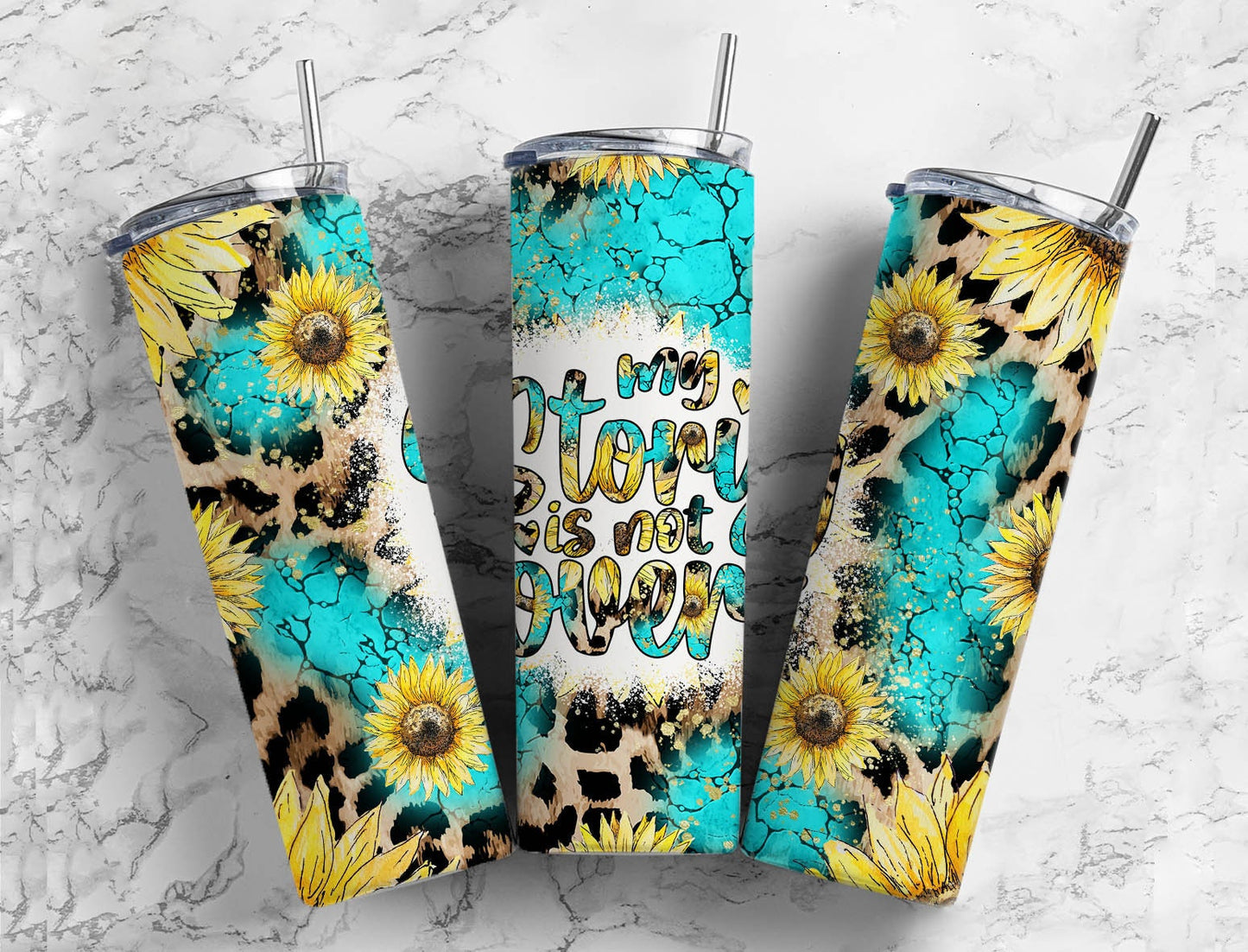 Turquoise Stone Sunflower 20oz Sublimation Tumbler Designs, Leopard Print My Story Is Not Over 9.2 x 8.3” Straight Skinny Tumbler PNG