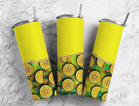 Boho Lemon 20oz Sublimation Tumbler Designs, Agate Glitter Yellow 9.2 x 8.3” Straight Skinny Tumbler, PNG