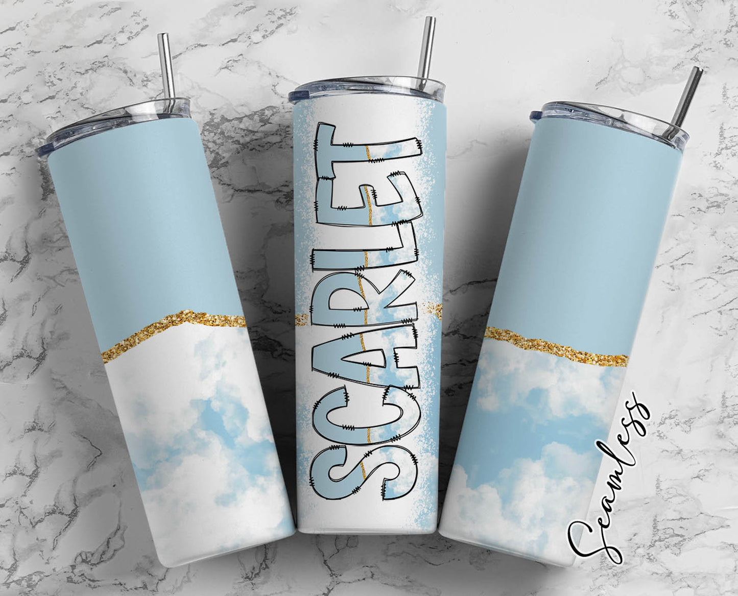 Blue Sky Tumbler Wrap with Matching Doodle Letter Alphabet PNG, Aesthetic Cloud Add your Own name 20oz Tumbler, Alpha Set PNG 64