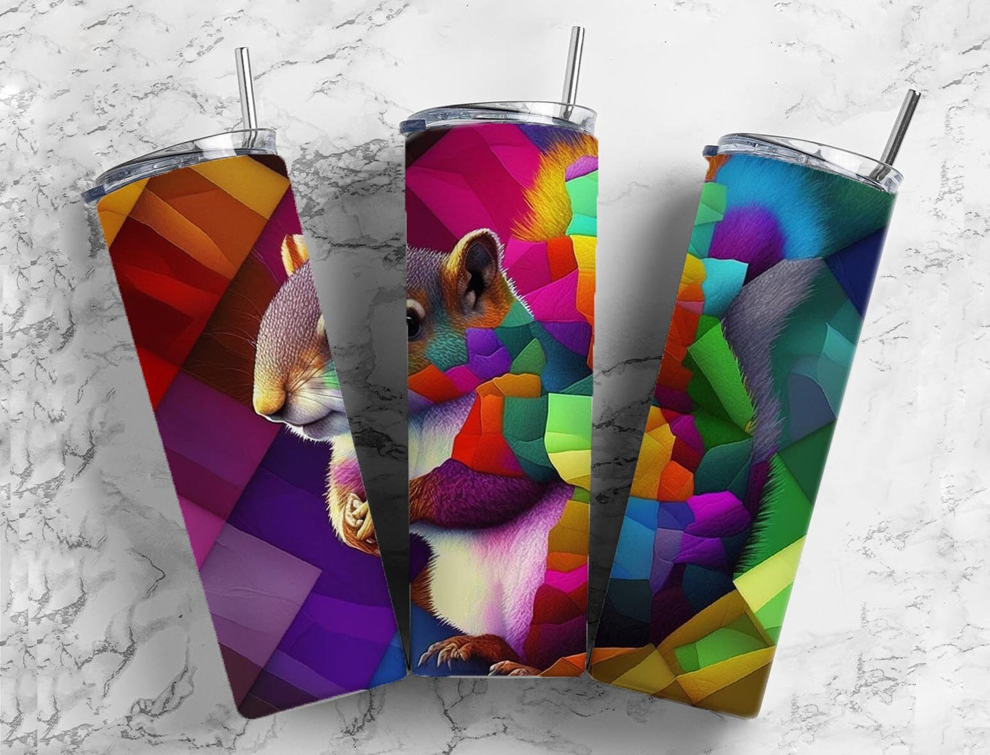 Squirrel Chipmunk 20oz Sublimation Tumbler Designs, Mosaic Patchwork 9.2 x 8.3” Straight Skinny Tumbler, Tumbler Wrap PNG