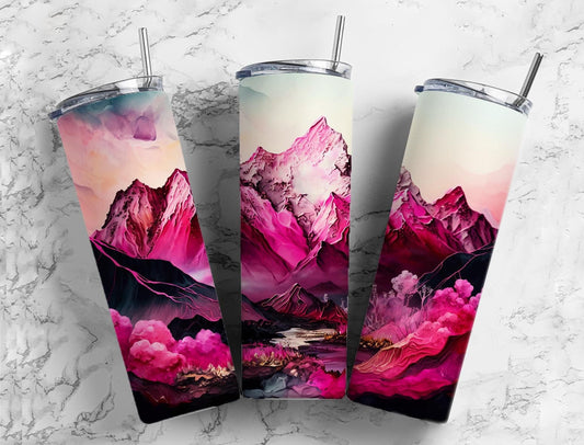 Painted mountains 20oz Sublimation Tumbler Designs, Pink landscape 9.2 x 8.3” Straight Skinny Tumbler Wrap PNG