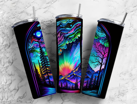 Northern Lights 20oz Sublimation Tumbler Designs,Stained Glass 9.2 x 8.3” Straight Skinny Tumbler Wrap PNG, Sublimation Design PNG