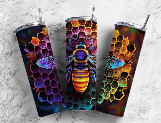 Rainbow bee 20oz Sublimation Tumbler Designs, Colorful honeycomb 9.2 x 8.3” Straight Skinny Tumbler Wrap PNG