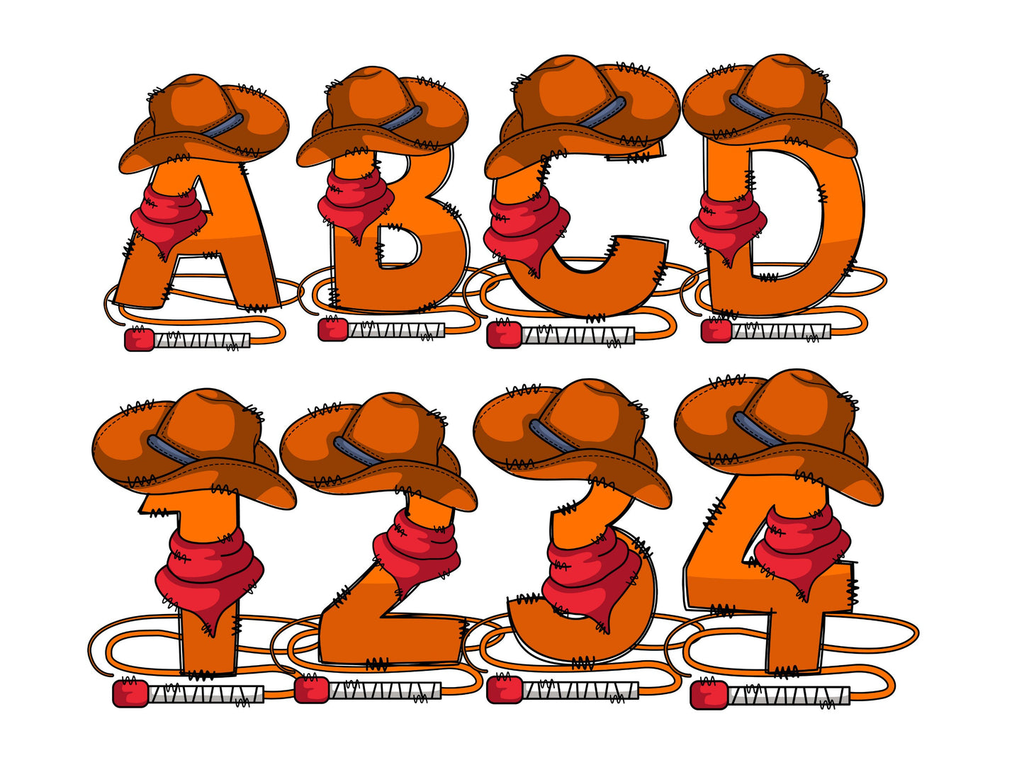 Cowboy Doodle Letters, Cowboy Alphabet, Country Alphabet PNG, Entire Doodle Alphabet Uppercase Lowercase Numbers PNG