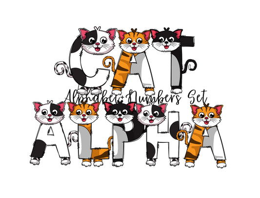 Black White Cat Doodle Letters, Kitten Alphabet, Cat Alphabet PNG, Entire Doodle Alphabet Uppercase Lowercase Numbers PNG,