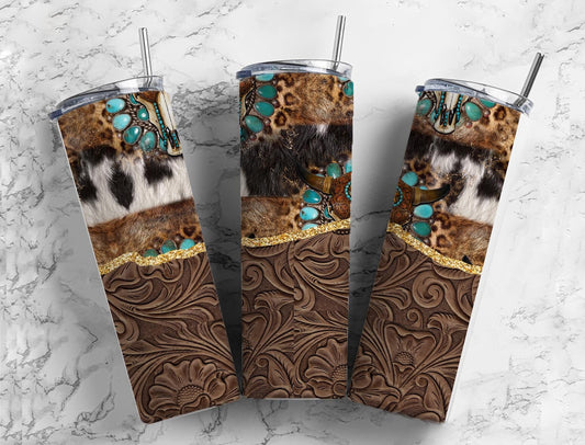 Western Cow Hide 20oz Sublimation Tumbler Designs, Agate Glitter Blue Gem 9.2 x 8.3” Straight Skinny Tumbler Wrap PNG