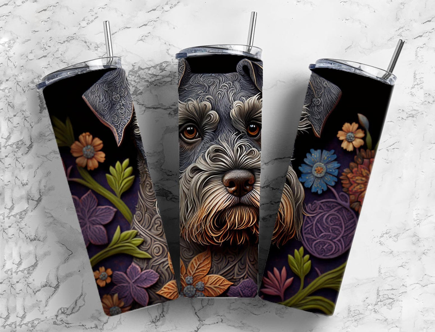 Tooled leather miniature Schnauzer 20oz Sublimation Tumbler Designs, Engraved leather 9.2 x 8.3” Straight Skinny Tumbler Wrap PNG