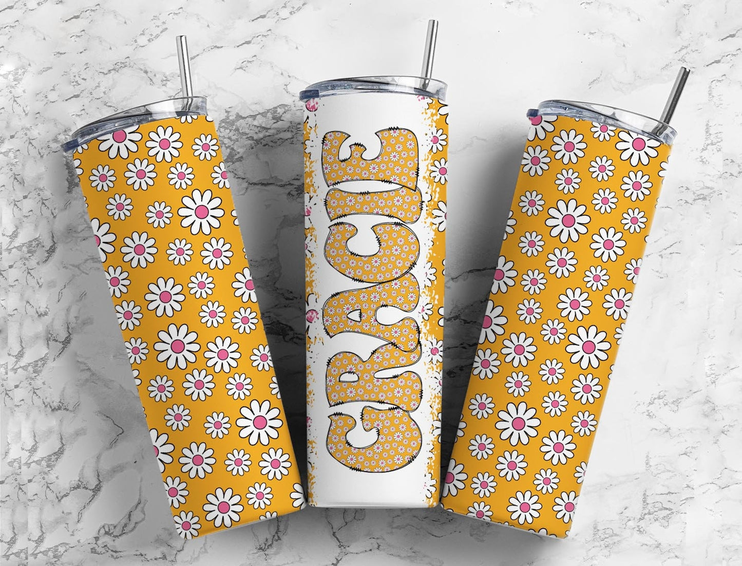 Yellow Daisy 20oz Tumbler Wrap with Matching Retro Doodle Letter, Aesthetic Alphabet PNG, Add your Own name Tumbler