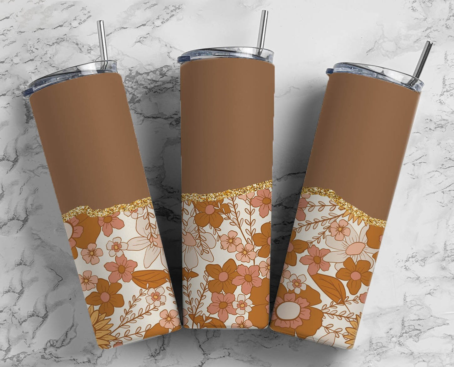 Brown Beige Flower 20oz Sublimation Tumbler Designs, AestheticFloral 9.2 x 8.3” Straight Skinny Tumbler Wrap PNG, Gold Agate Rustic 78