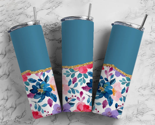 Blue Flower 20oz Sublimation Tumbler Designs, AestheticFloral 9.2 x 8.3” Straight Skinny Tumbler Wrap PNG, Gold Agate 142