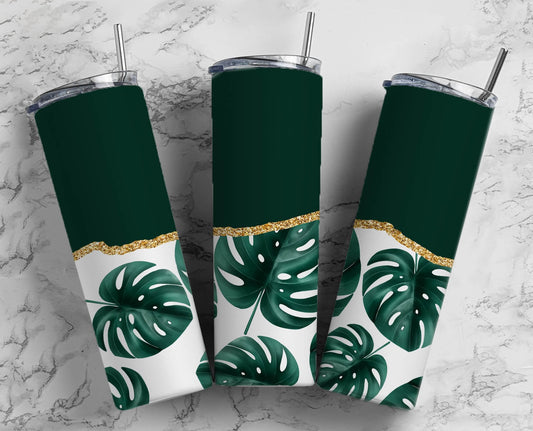 Monstera Leaf Green Flower 20oz Sublimation Tumbler Designs, AestheticFloral 9.2 x 8.3” Straight Skinny Tumbler Wrap PNG, Gold Agate 181