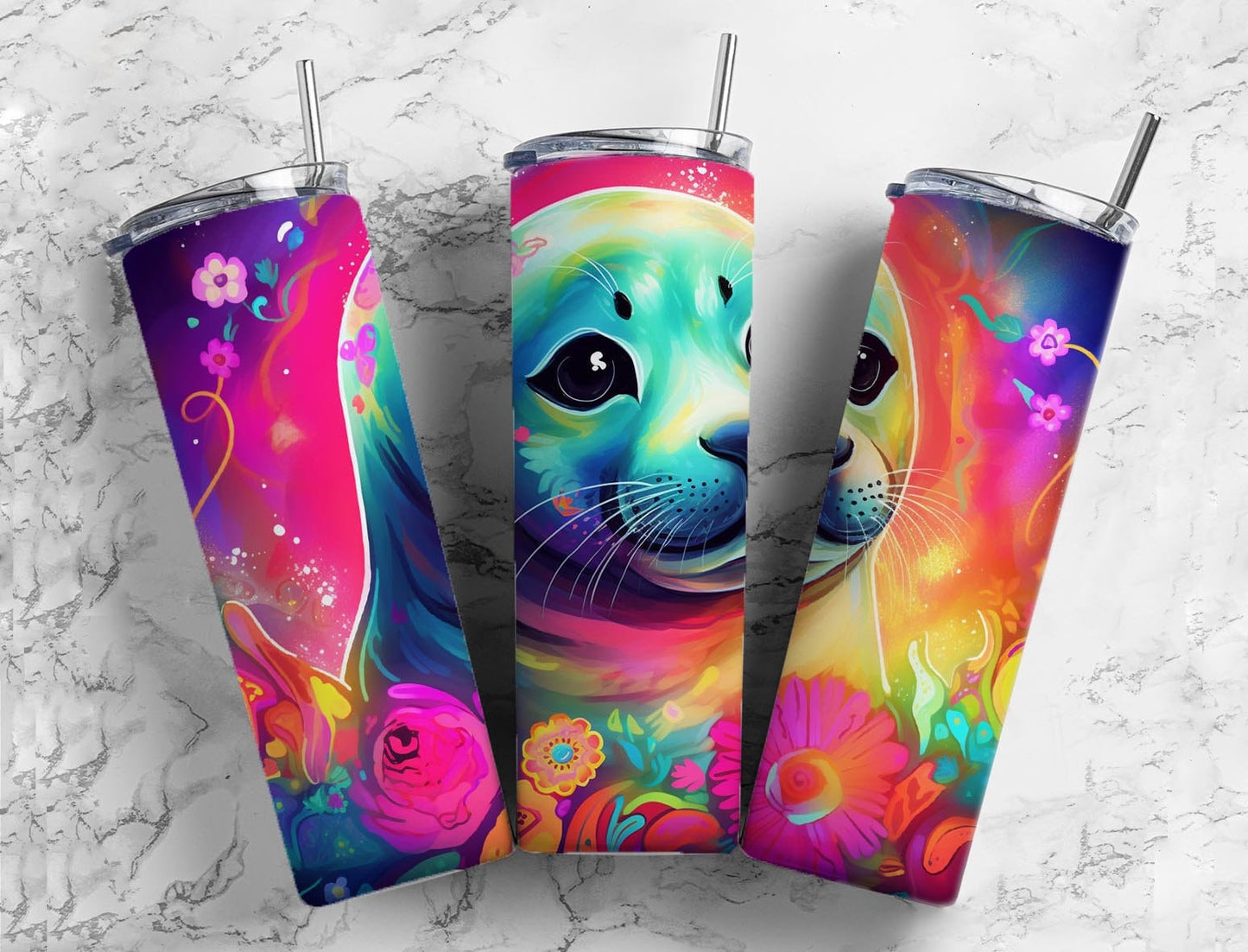 Colorful seal 20oz Sublimation Tumbler Designs, rainbow floral 9.2 x 8.3” Straight Skinny Tumbler Wrap PNG