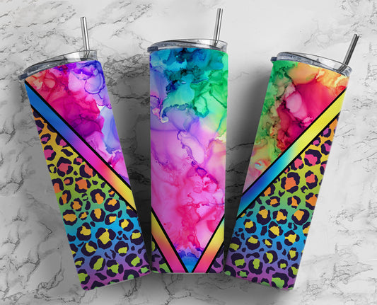 Alcohol Ink Leopard Print 20oz Sublimation Tumbler Designs, Flluro V Split 9.2 x 8.3” Straight Skinny Tumbler Wrap PNG 88