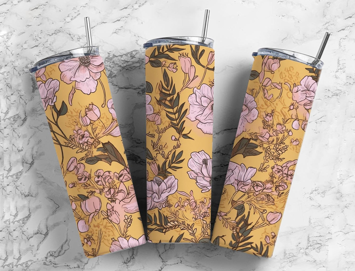 retro floral 20oz Sublimation Tumbler Designs, Brown and yellow 9.2 x 8.3” Straight Skinny Tumbler Wrap PNG