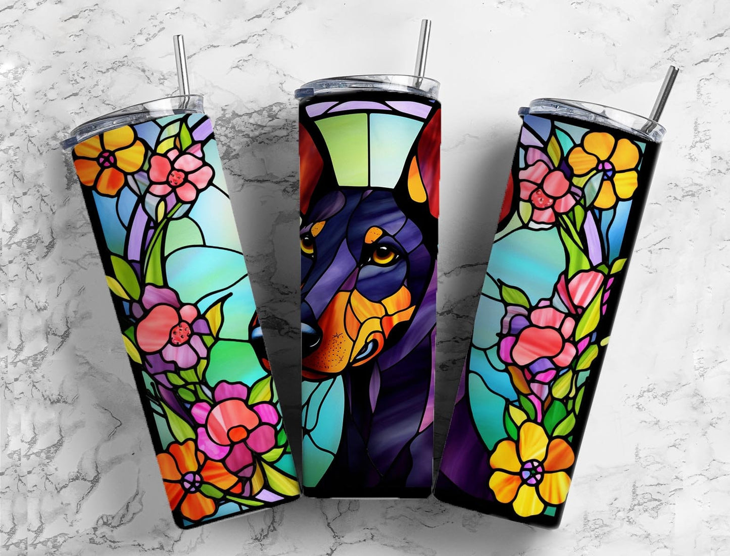 Colorful Doberman 20oz Sublimation Tumbler Designs, Stained glass floral 9.2 x 8.3” Straight Skinny Tumbler Wrap PNG