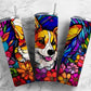 Corgi dog 20oz Sublimation Tumbler Designs, floral stained glass 9.2 x 8.3” Straight Skinny Tumbler Wrap PNG