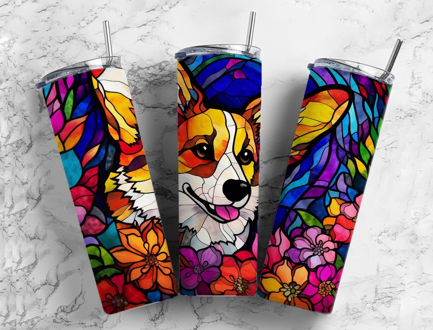 Corgi dog 20oz Sublimation Tumbler Designs, floral stained glass 9.2 x 8.3” Straight Skinny Tumbler Wrap PNG