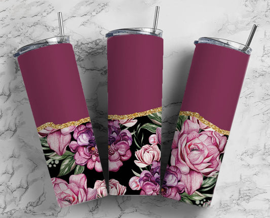 Burgundy Pink Flower 20oz Sublimation Tumbler Designs, AestheticFloral 9.2 x 8.3” Straight Skinny Tumbler Wrap PNG, Gold Agate 152