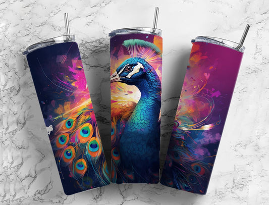 Colorful peacock 20oz Sublimation Tumbler Designs, Pink and purple 9.2 x 8.3” Straight Skinny Tumbler Wrap PNG