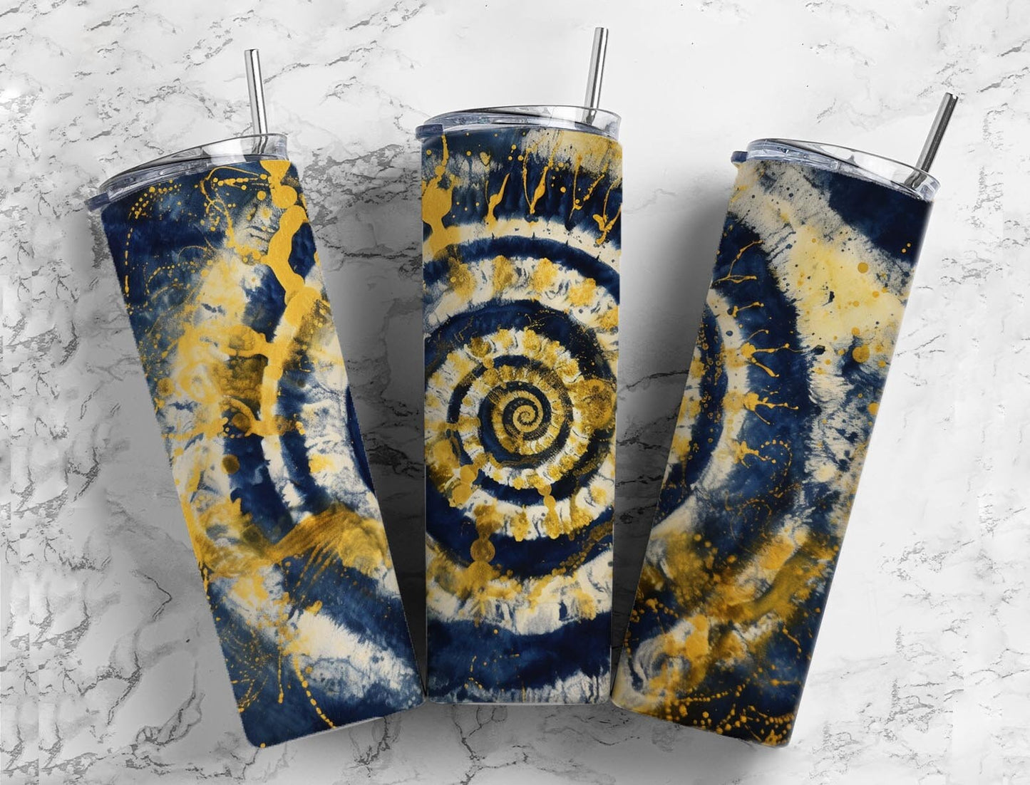 Blue and yellow spiral 20oz Sublimation Tumbler Designs, Paint splatter 9.2 x 8.3” Straight Skinny Tumbler Wrap PNG