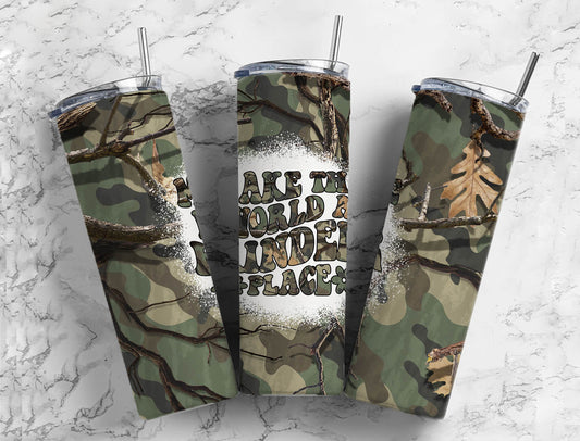 Camouflage Forest 20oz Sublimation Tumbler Designs, Hunting Make The World A Kinder Place 9.2 x 8.3” Straight Skinny Tumbler PNG