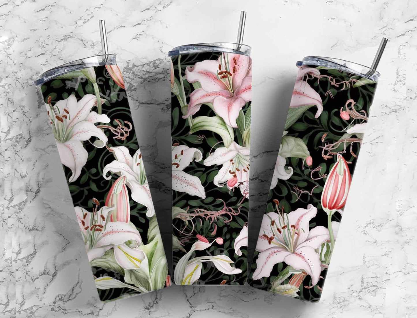 White lily 20oz Sublimation Tumbler Designs, Pink and white floral 9.2 x 8.3” Straight Skinny Tumbler Wrap PNG