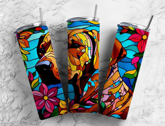 Stained glass dog 20oz Sublimation Tumbler Designs, rainbow colorful floral 9.2 x 8.3” Straight Skinny Tumbler Wrap PNG