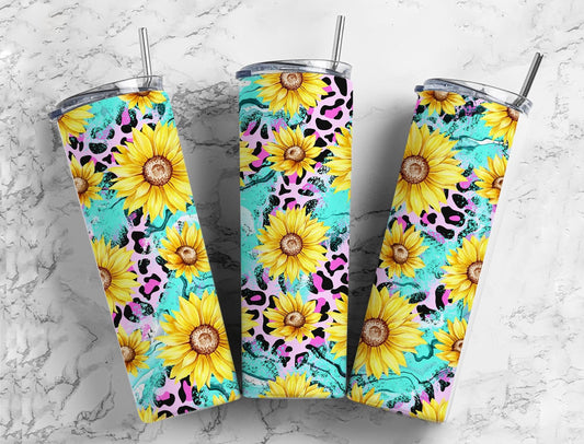 Turquoise Sunflower 20oz Sublimation Tumbler Designs, Gold Leopard Print 9.2 x 8.3” Straight Skinny Tumbler Wrap PNG