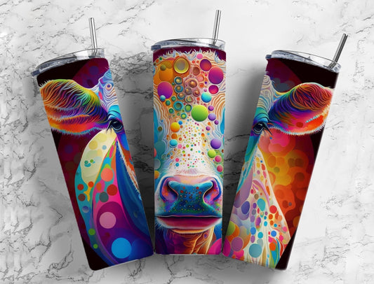 Rainbow cow 20oz Sublimation Tumbler Designs, Neon colored 9.2 x 8.3” Straight Skinny Tumbler Wrap PNG