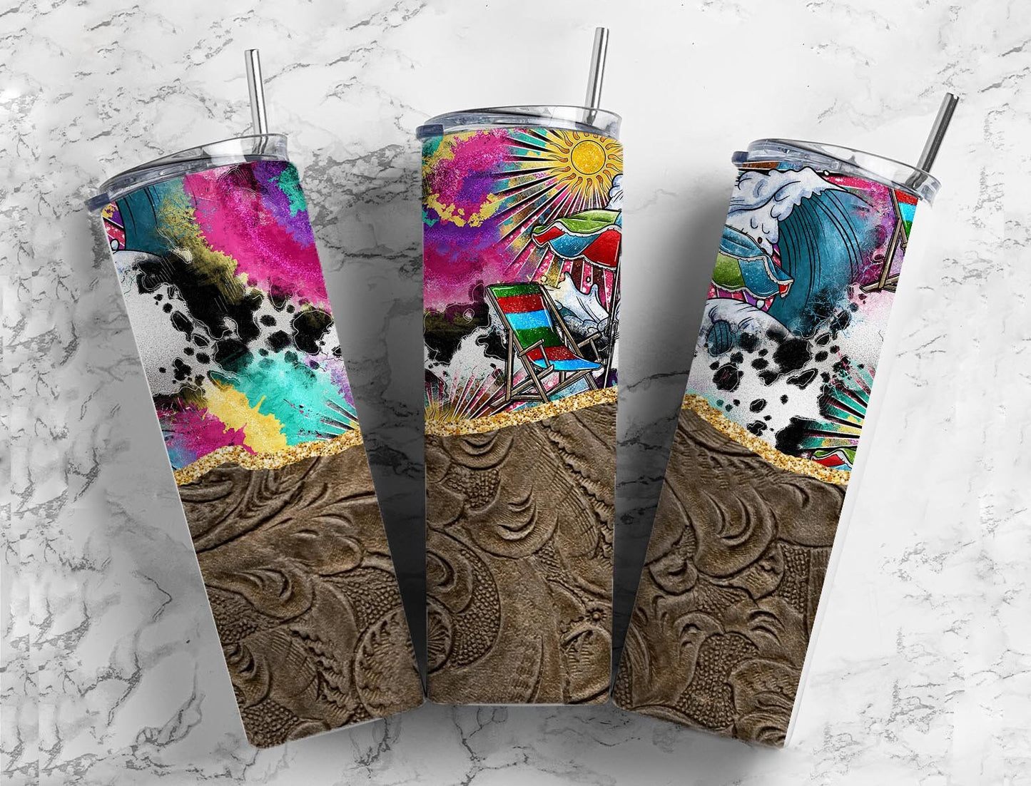 Western Cow Hide 20oz Sublimation Tumbler Designs, Agate Glitter Peacock 9.2 x 8.3” Straight Skinny Tumbler Wrap PNG