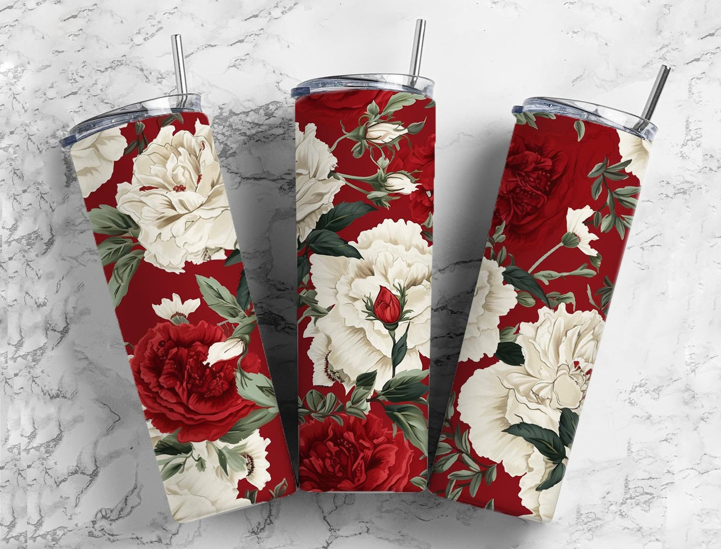 Rose floral 20oz Sublimation Tumbler Designs, Red and white roses 9.2 x 8.3” Straight Skinny Tumbler Wrap PNG