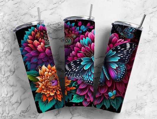 Butterfly floral 20oz Sublimation Tumbler Designs, neon flowers 9.2 x 8.3” Straight Skinny Tumbler Wrap PNG