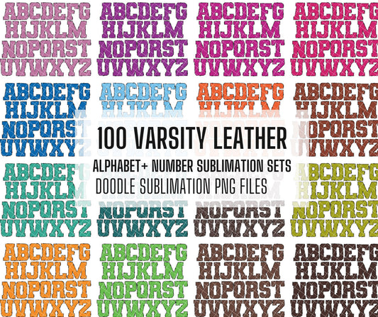 100 MEGA BUNDLE - Leather Varsity Doodle Letters! 100 Uppercase Entire Doodle Alphabet, Numbers Individually Saved PNG, Leather Texture