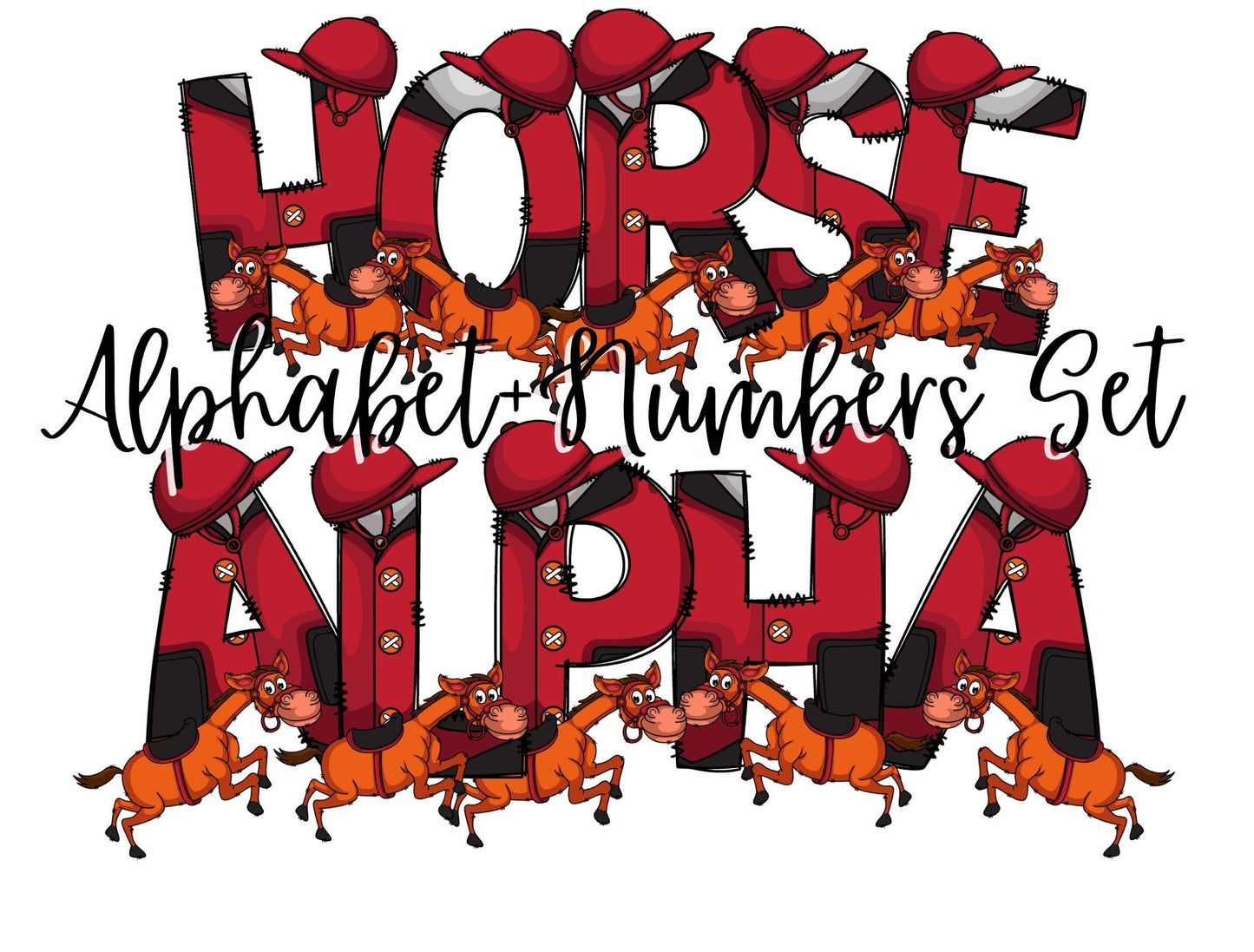 Horse Riding Doodle Letters Alphabet with Uppercase and Numbers PNG, Alphabet PNG Digital Download PNG