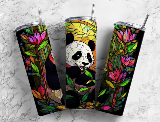 Stained glass panda 20oz Sublimation Tumbler Designs, Forest landscape 9.2 x 8.3” Straight Skinny Tumbler Wrap PNG