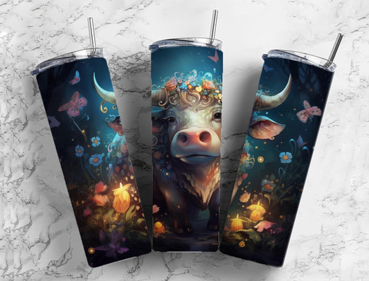 Cow 20oz Sublimation Tumbler Designs, nighttime floral 9.2 x 8.3” Straight Skinny Tumbler Wrap PNG