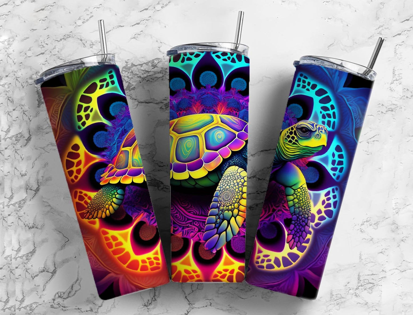 Rainbow turtle 20oz Sublimation Tumbler Designs, Colorful neon 9.2 x 8.3” Straight Skinny Tumbler Wrap PNG