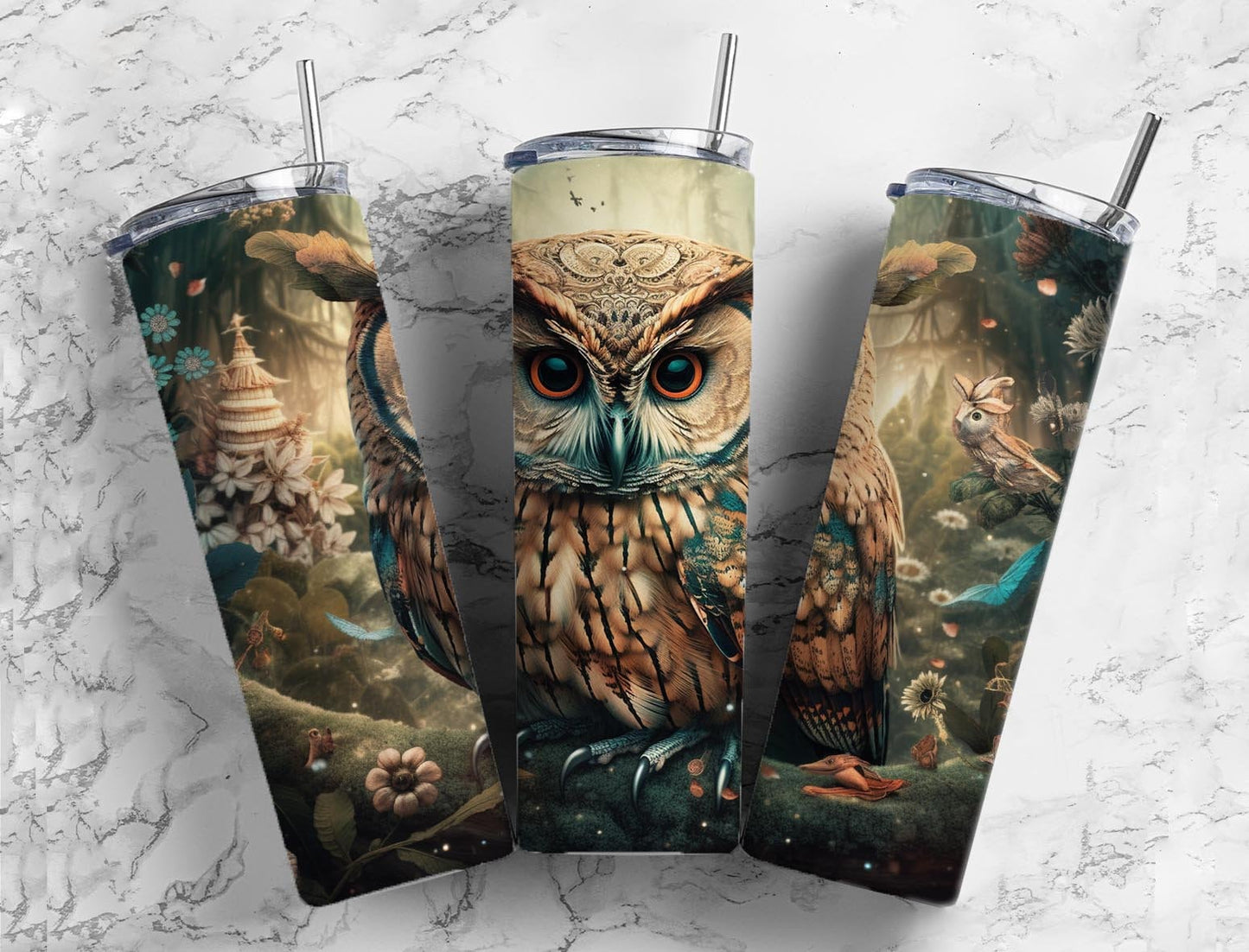 Brown owl 20oz Sublimation Tumbler Designs, Floral forest 9.2 x 8.3” Straight Skinny Tumbler Wrap PNG