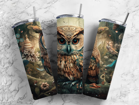 Brown owl 20oz Sublimation Tumbler Designs, Floral forest 9.2 x 8.3” Straight Skinny Tumbler Wrap PNG