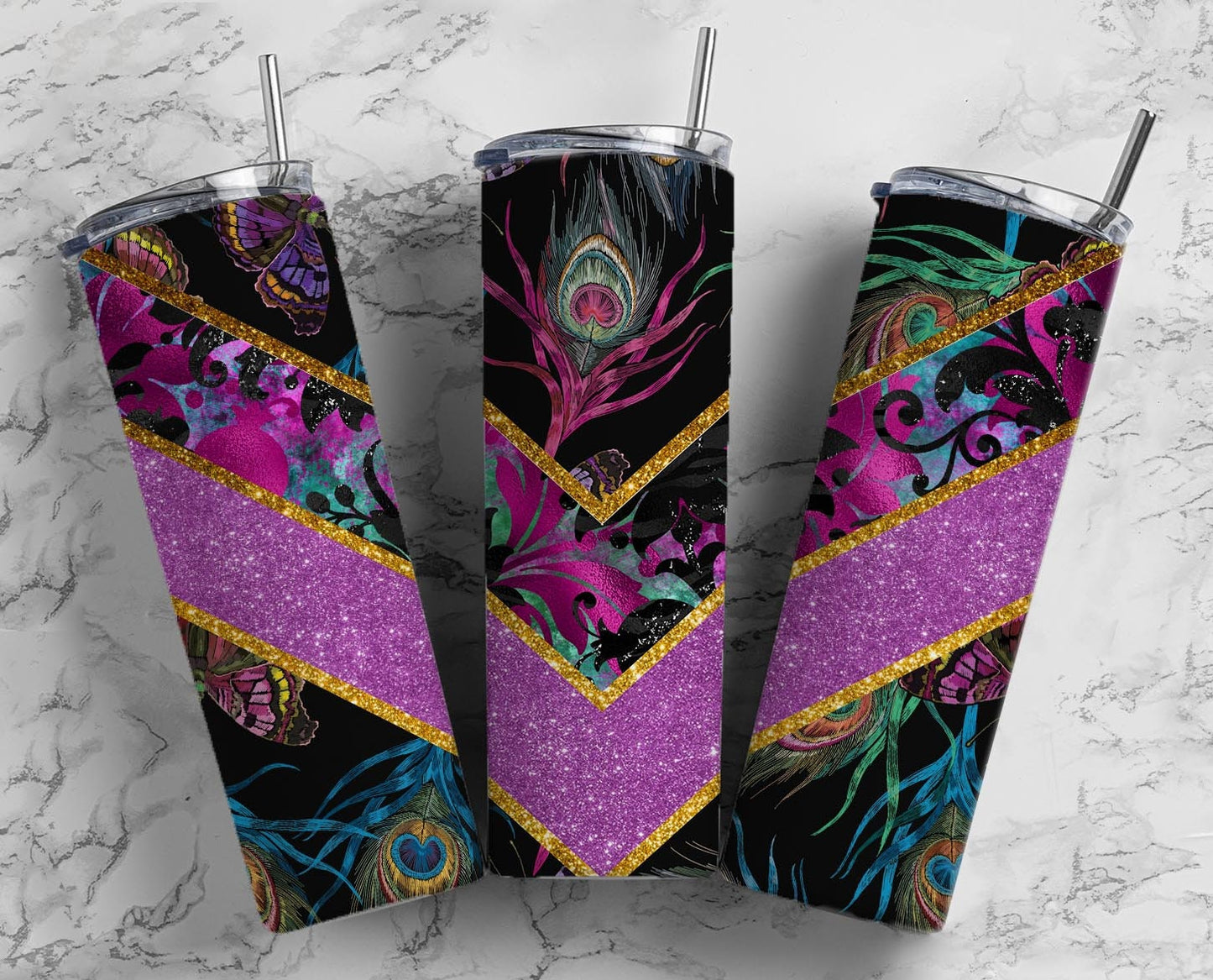 Peacock Black 20oz Sublimation Tumbler Designs, Neon Glitter 9.2 x 8.3” Straight Skinny Tumbler Wrap, Purple Aesthetic Tumbler