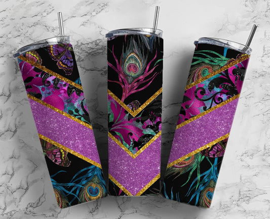 Peacock Black 20oz Sublimation Tumbler Designs, Neon Glitter 9.2 x 8.3” Straight Skinny Tumbler Wrap, Purple Aesthetic Tumbler