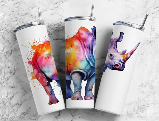 Colorful rhinoceros 20oz Sublimation Tumbler Designs, Paint splatter 9.2 x 8.3” Straight Skinny Tumbler Wrap PNG