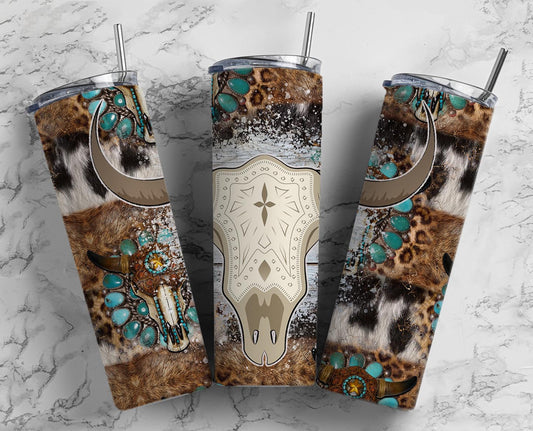 Bull Skull Gem 20oz Sublimation Tumbler Designs, Country Western 9.2 x 8.3” Straight Skinny Tumbler Wrap PNG