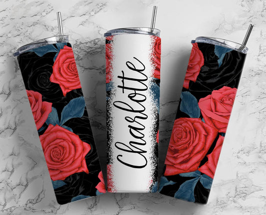 Red rose 20oz Sublimation Tumbler Designs, Dark floral 9.2 x 8.3” Straight Skinny Tumbler Wrap PNG