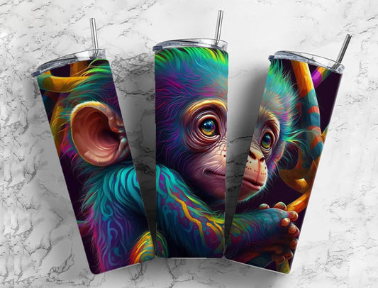 Alcohol Ink Monkey 20oz Sublimation Tumbler Designs, Rainbow Chimp 9.2 x 8.3” Straight Skinny Tumbler Wrap PNG, Sublimation Design PNG