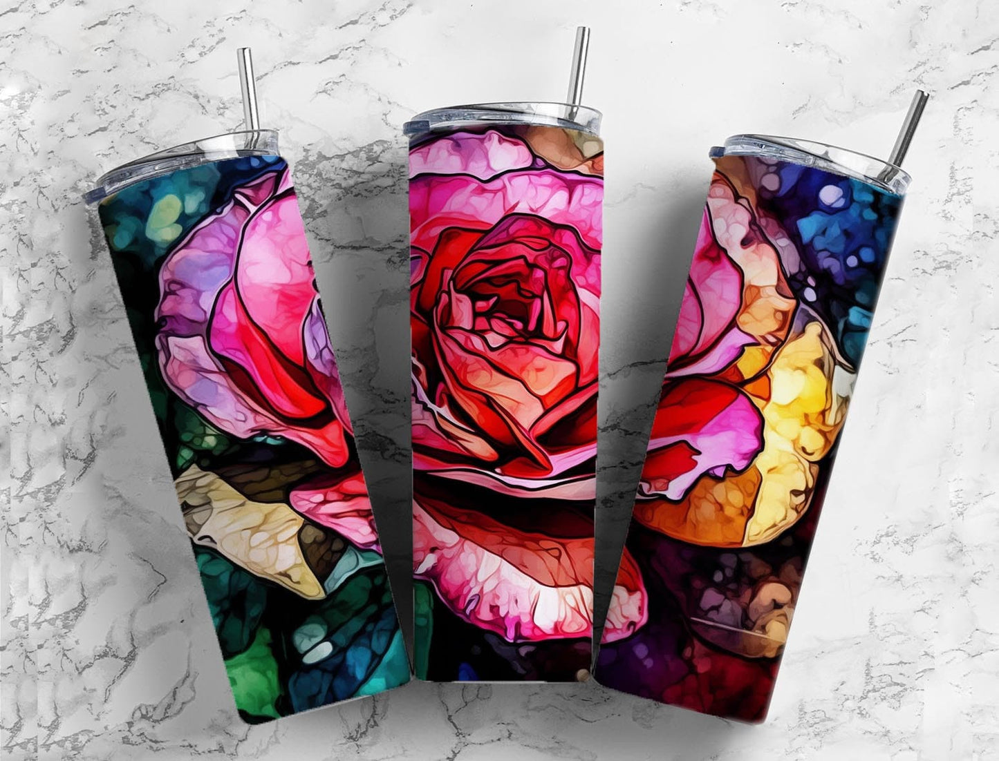 Alcohol ink 20oz Sublimation Tumbler Designs, Colorful rose 9.2 x 8.3” Straight Skinny Tumbler Wrap PNG