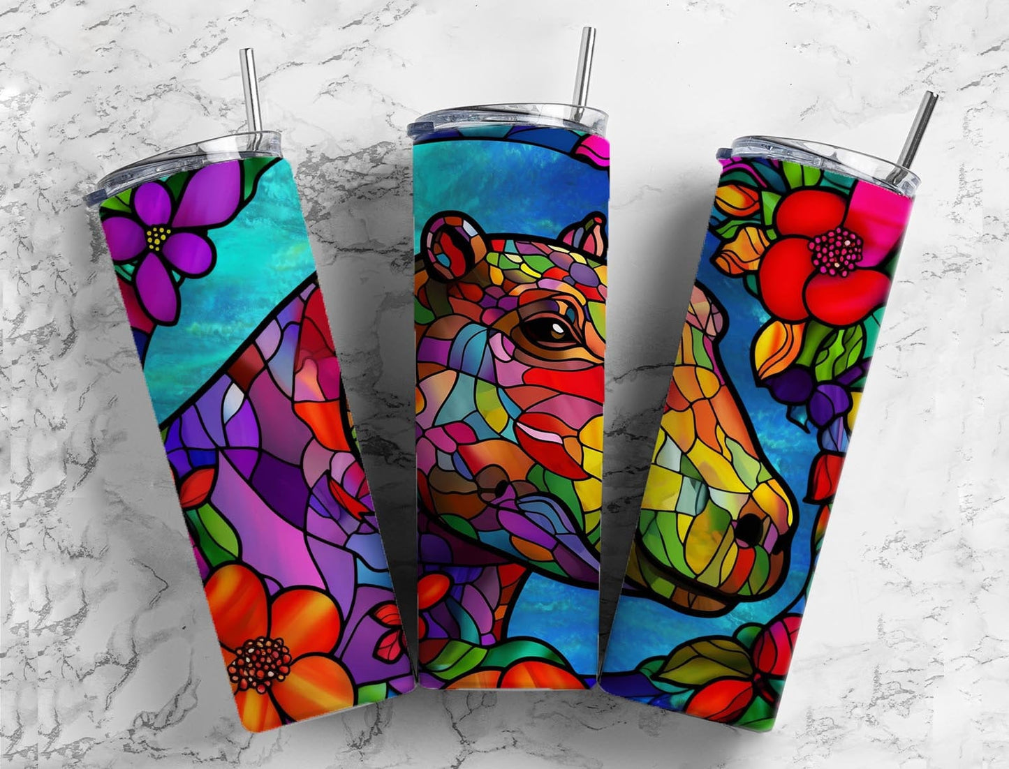 Stained glass 20oz Sublimation Tumbler Designs, Hippo floral 9.2 x 8.3” Straight Skinny Tumbler Wrap PNG