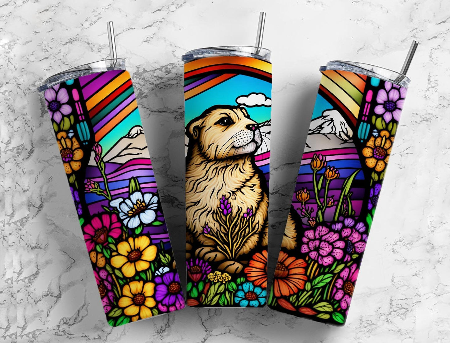 Stained glass prairie dog 20oz Sublimation Tumbler Designs, rainbow neon 9.2 x 8.3” Straight Skinny Tumbler Wrap