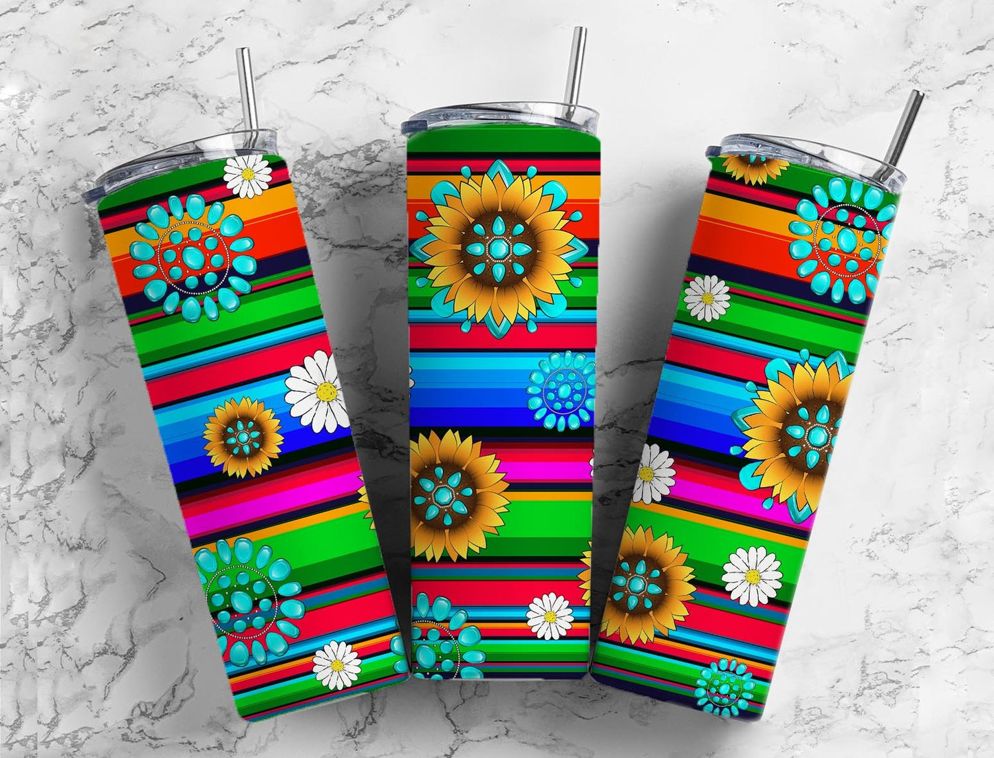 Turquoise Gem Serape 20oz Sublimation Tumbler Designs, Mexico Sunflower 9.2 x 8.3” Straight Skinny Tumbler, PNG 3